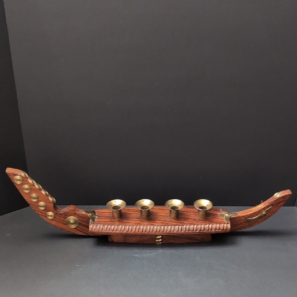 Vintage Kairali Mid-century Boho Wooden/Brass Gondola Boat Candle Holder.